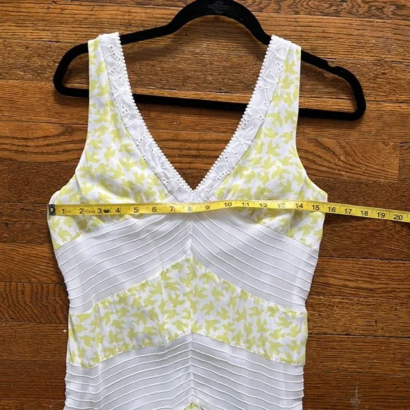 ANTHROPOLOGIE LEIFNOTES Yellow Bird Print Midi Patchwork Eyelet Lace Boho Dress - Picture 7 of 13